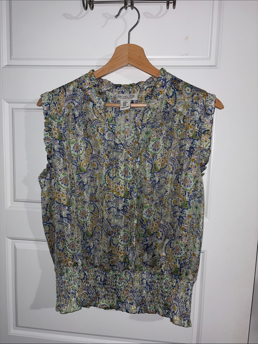 Rachel Zoe Blue Green Paisley Ruffled Sleeveless Top